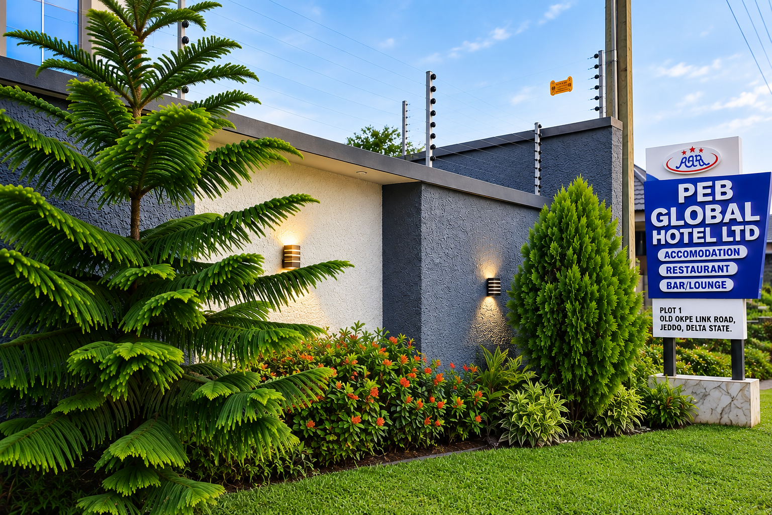 Exterior entrance and landscaped grounds of PEB Global Hotel Jeddo in Delta State, Nigeria