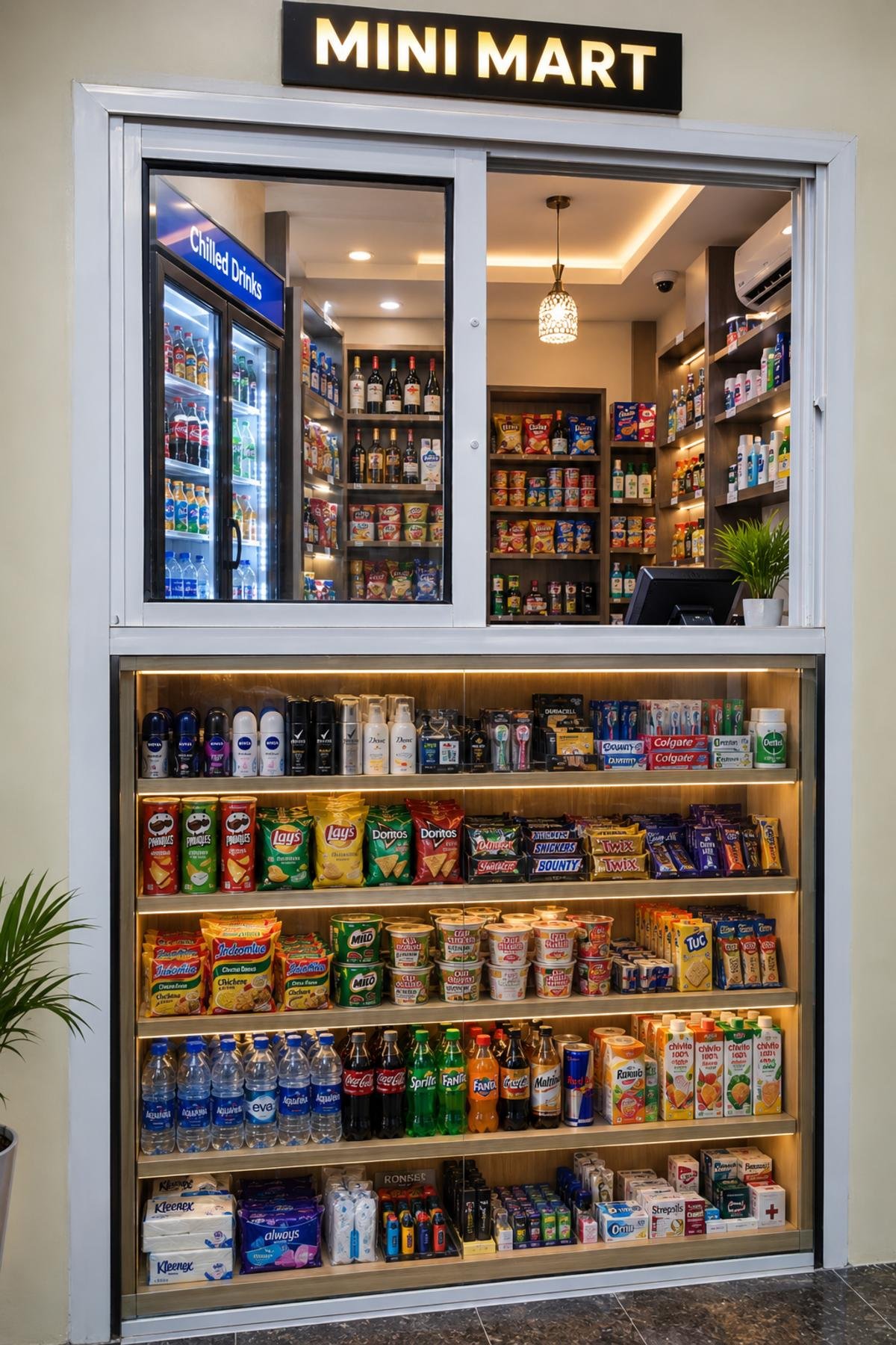 Modern, well-stocked mini mart at PEB Global Hotel with drinks, snacks, toiletries and guest essentials
